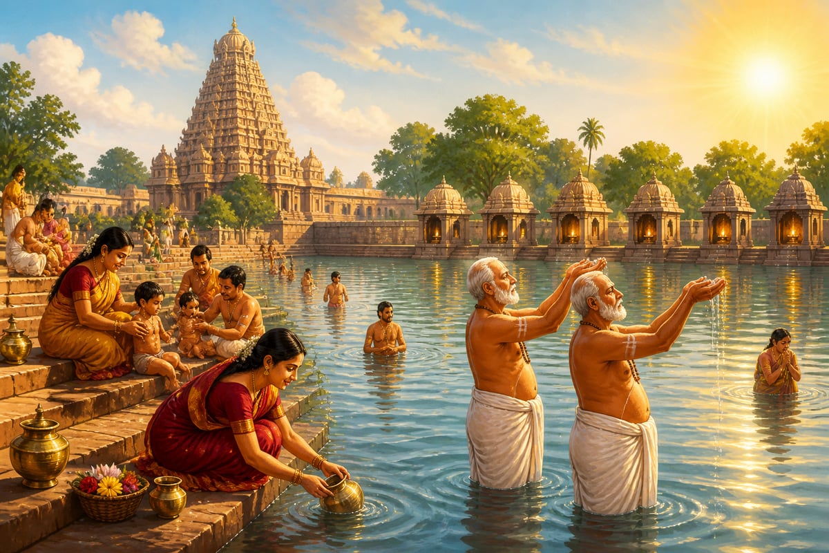 Devotees bathing in the Cholagangam tank beside the temple