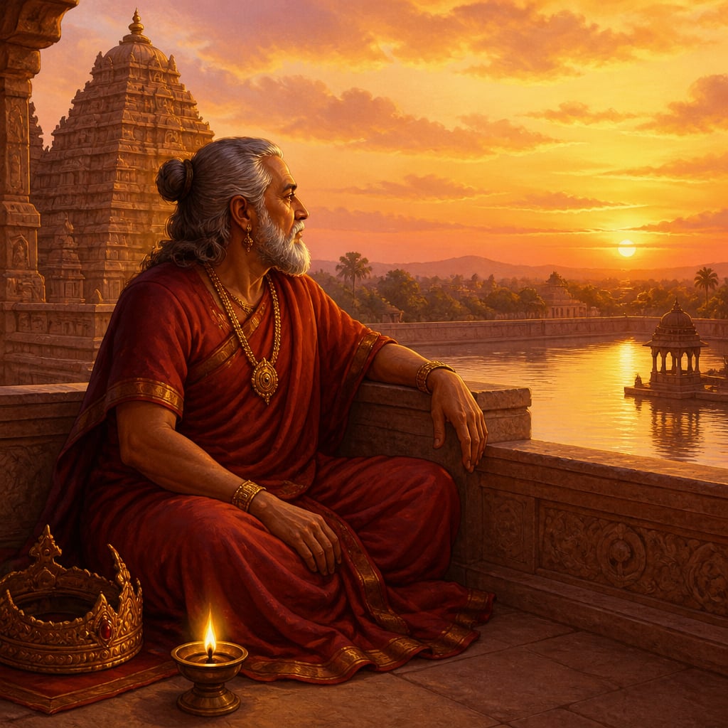 Aged Rajendra Chola at sunset on the Gangaikondacholapuram terrace