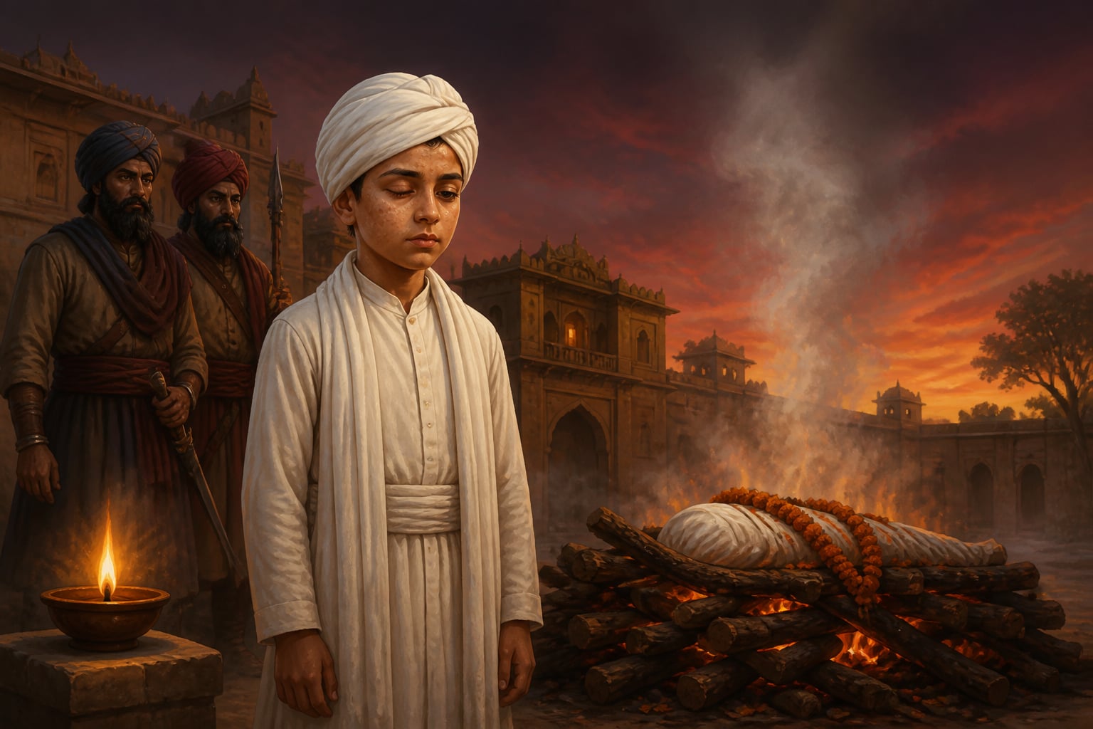The boy Ranjit Singh at his father's funeral pyre