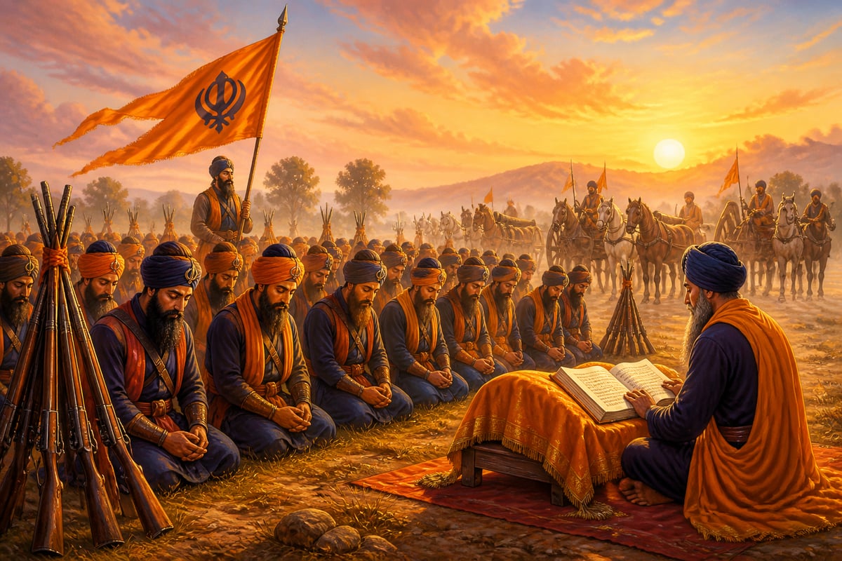 Khalsa soldiers in prayer before battle