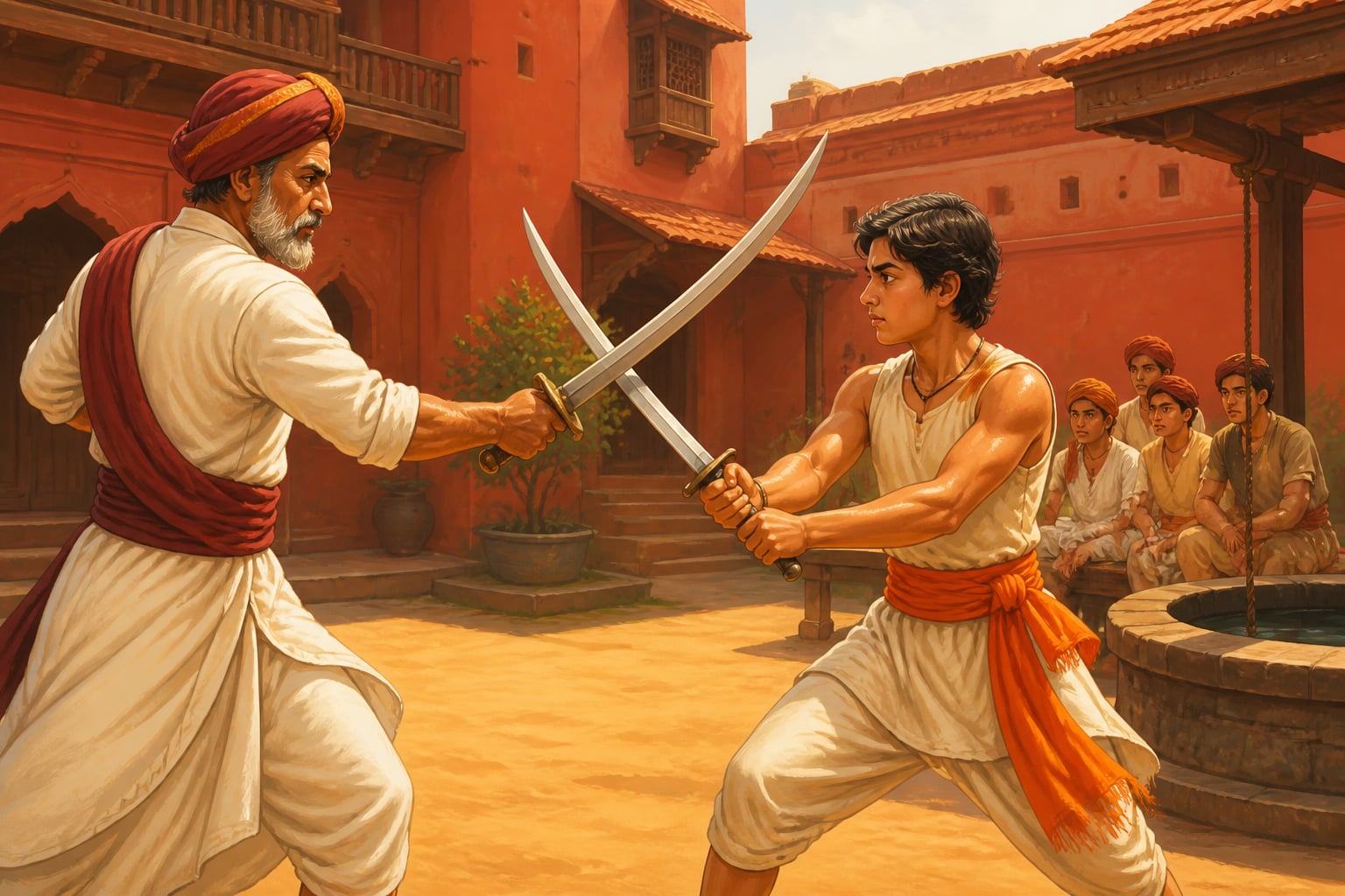Dadoji Konddev training teenage Shivaji in swordsmanship at the Lal Mahal