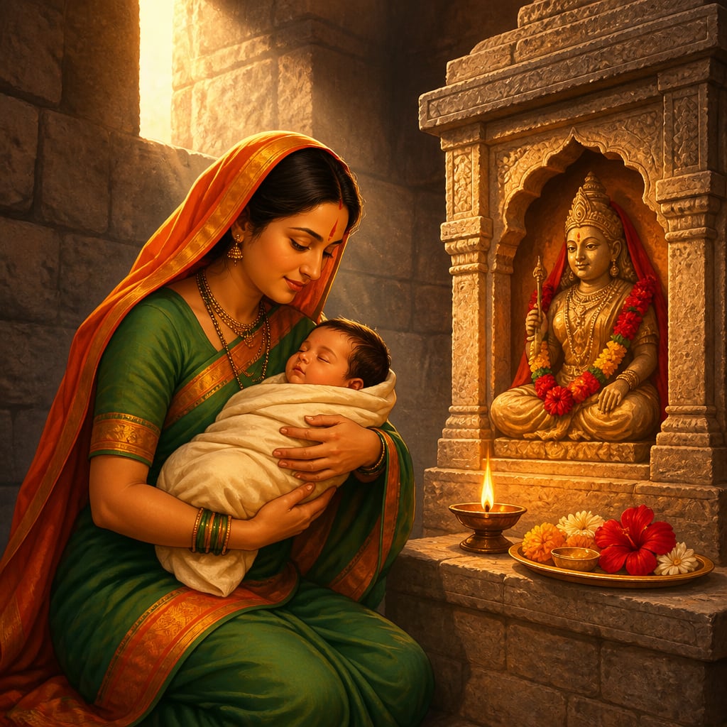 Jijabai at Shivai Devi shrine on Shivneri Fort with infant Shivaji