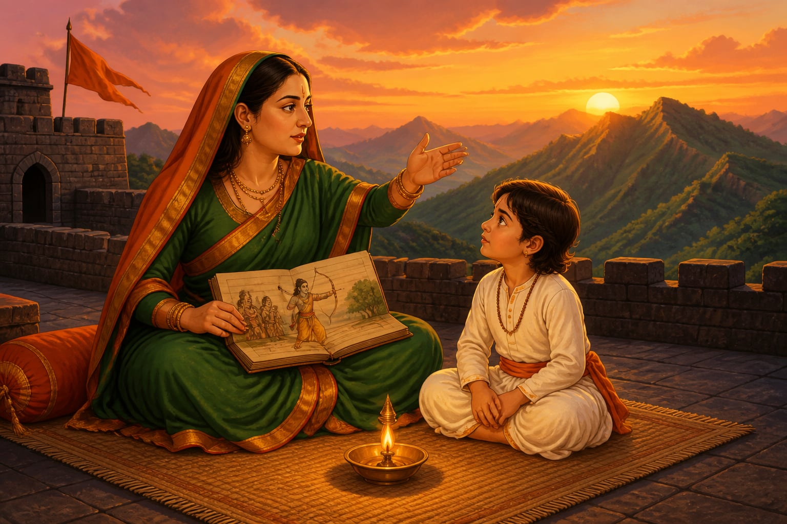 Jijabai telling Ramayana stories to young Shivaji on the Shivneri terrace