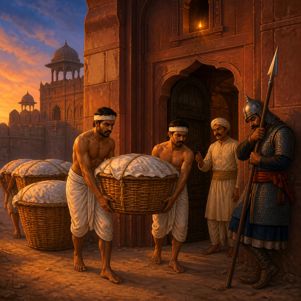Shivaji and Sambhaji concealed inside fruit baskets carried out of Agra