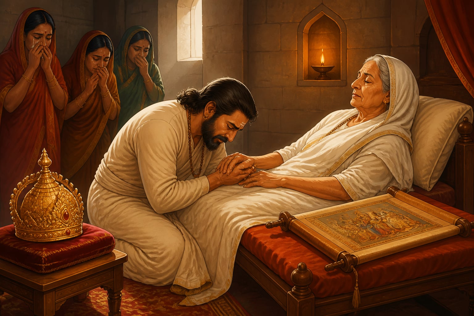 Shivaji at his mother Jijabai's deathbed weeks after the coronation