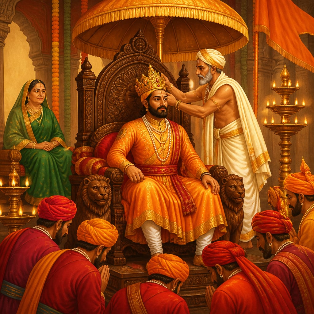 Gaga Bhatt places the rajmukut crown on Shivaji at the Raigad coronation