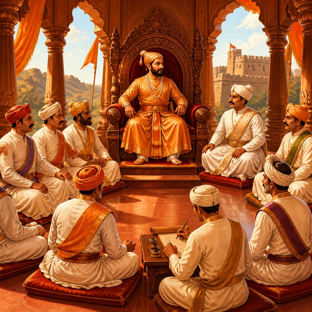 Shivaji presides over the Ashtapradhan council of eight ministers at Raigad