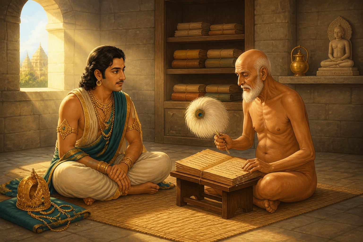 King studying Adipurana with Jinasena in Jain monastery