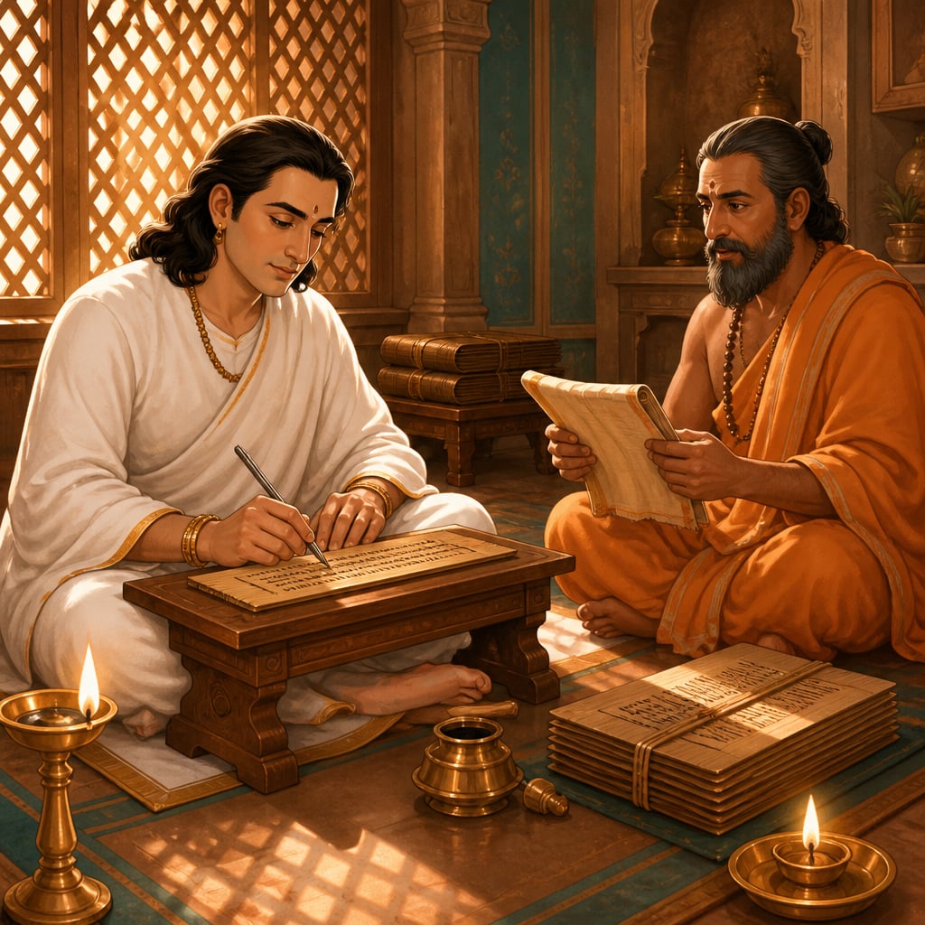 Amoghavarsha composing the Kavirajamarga at his writing desk
