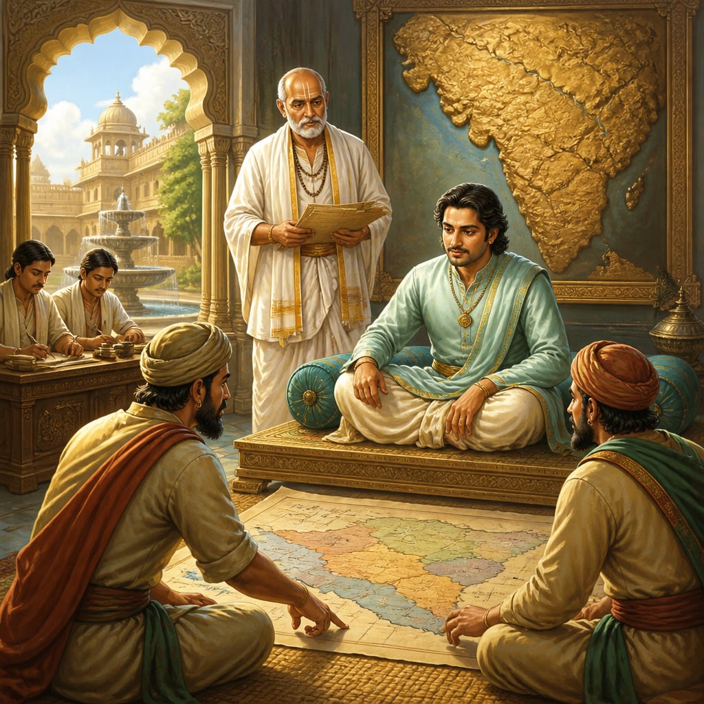 Amoghavarsha consulting his council and visiting envoys