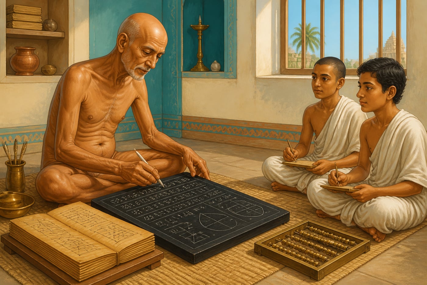 Mahaviracharya calculating Ganitasarasangraha on wooden tablet