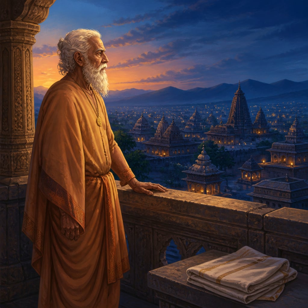 Aged Amoghavarsha on a palace terrace at twilight