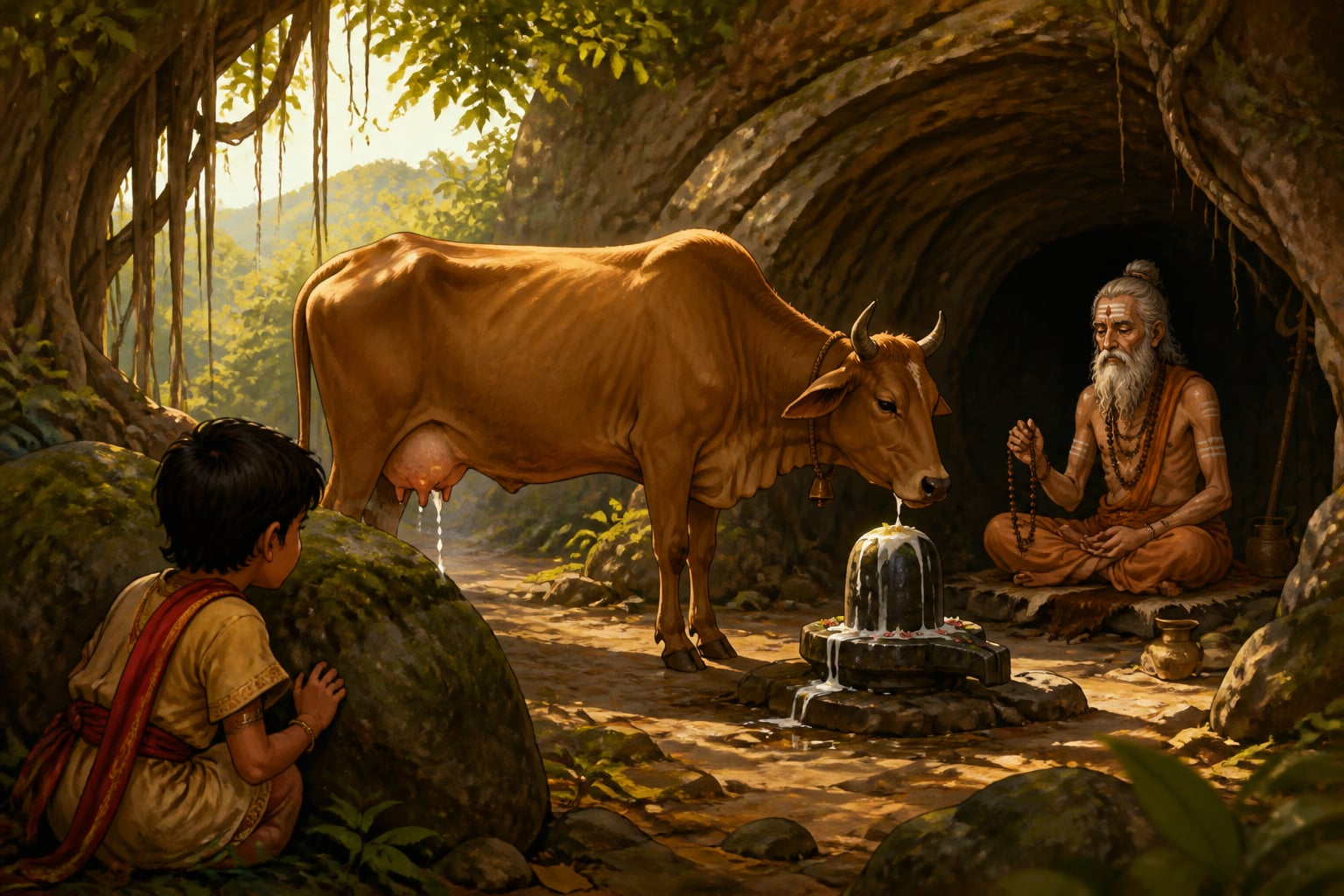 A wandering cow offers milk before the Shivlinga at Haritarashi's cave