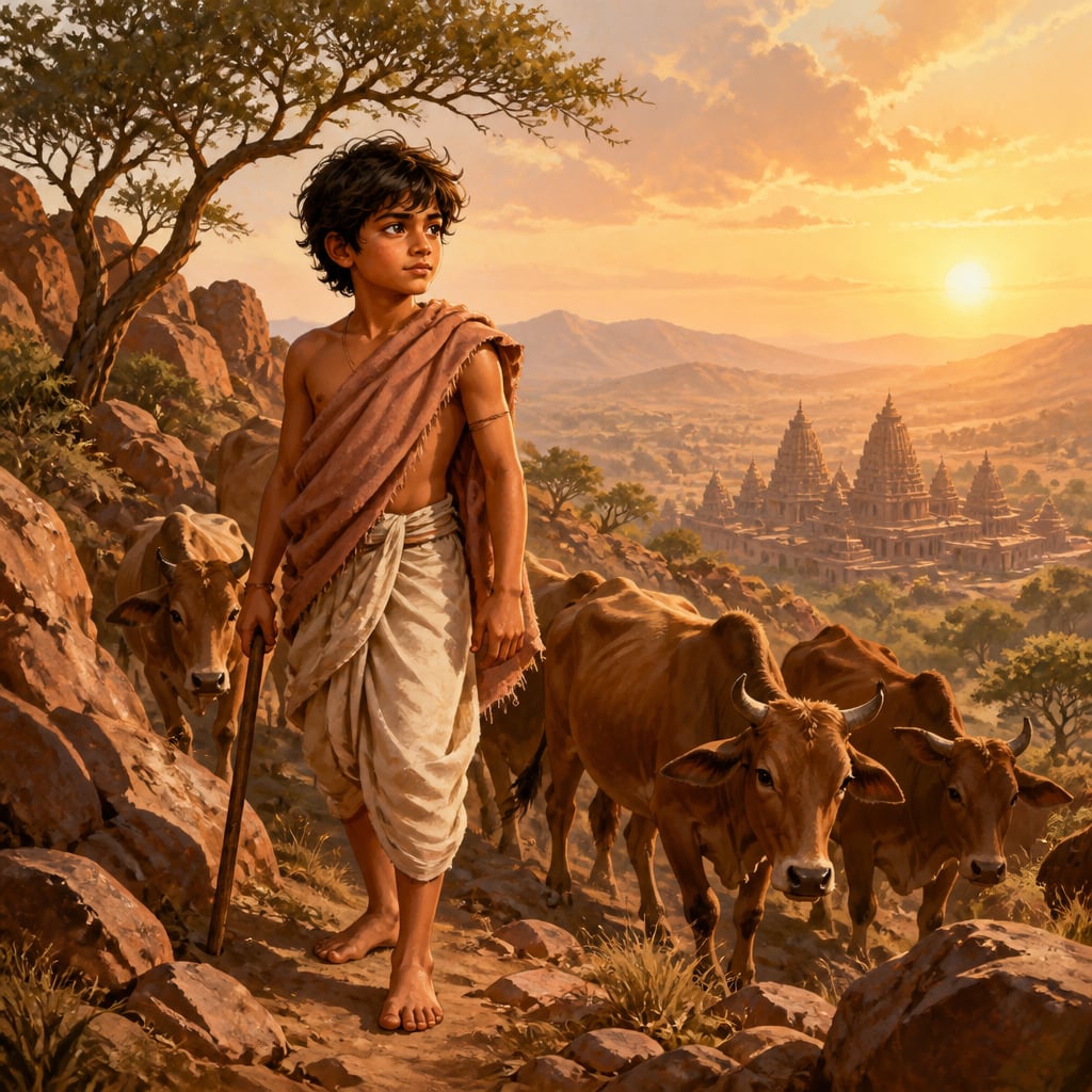 Young Kalbhoj as cowherd in the Aravalli hills