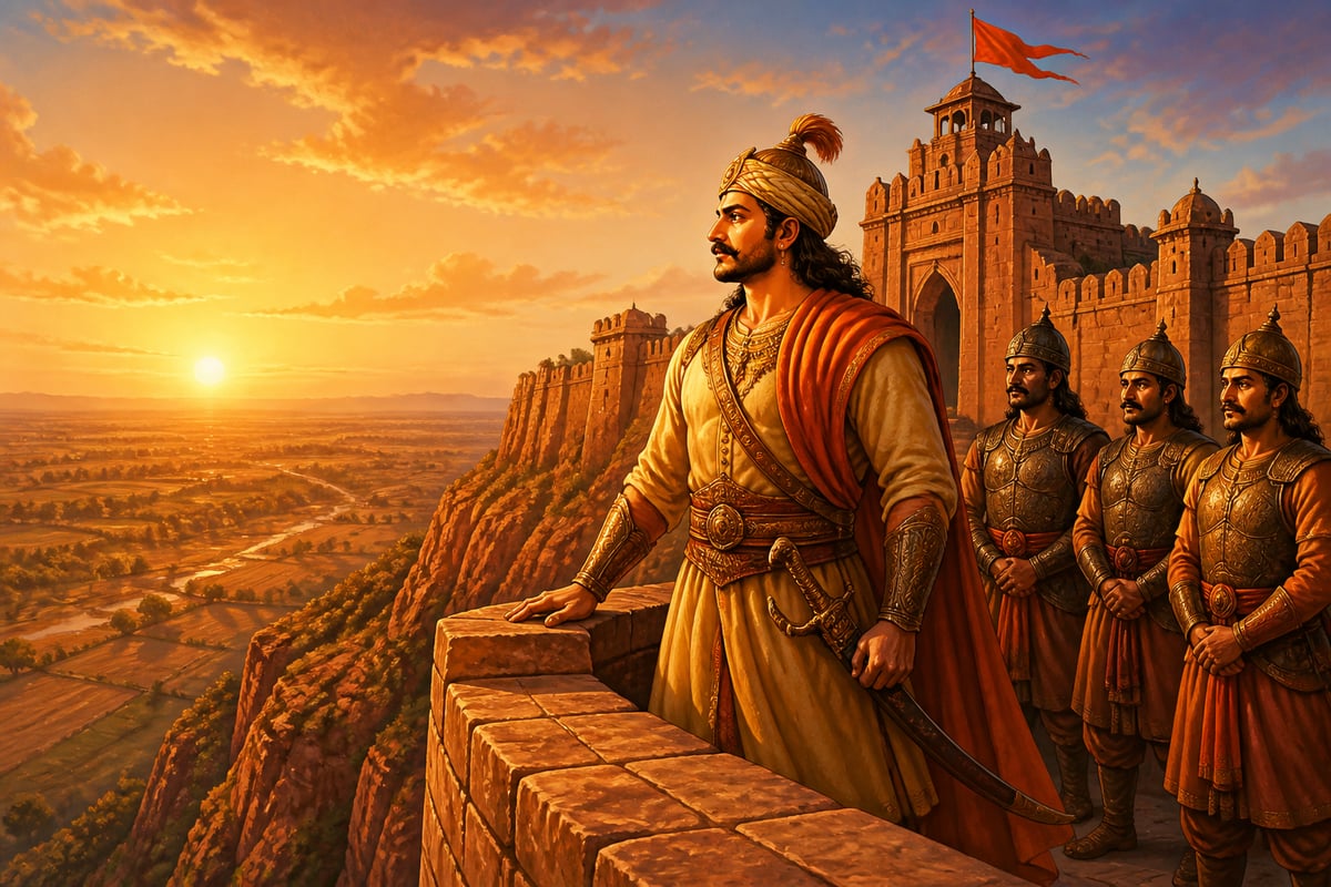 Bappa Rawal surveys the Chittor plateau at dawn after the conquest
