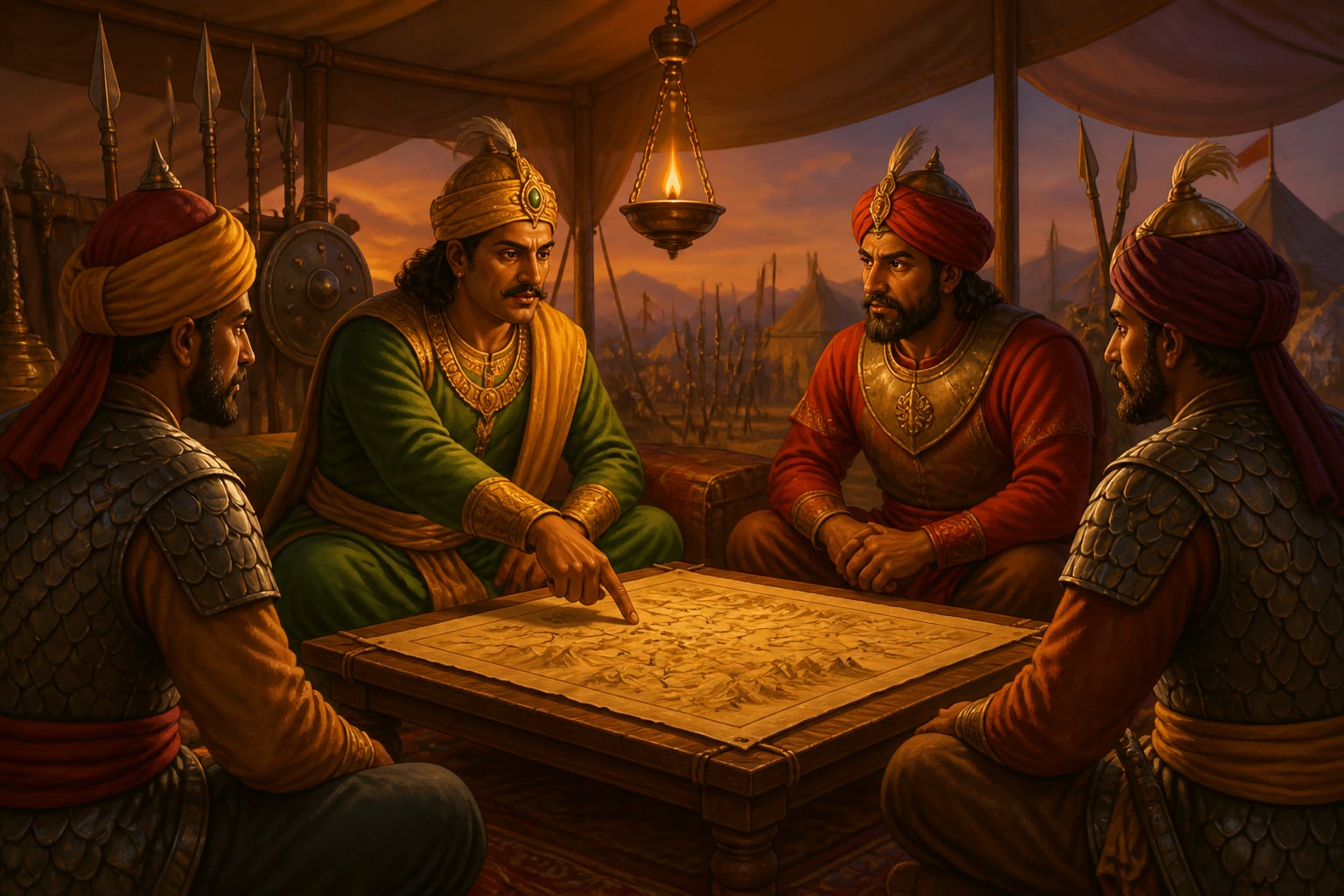 A war council with Nagabhata I and the Hindu coalition before the Battle of Rajasthan