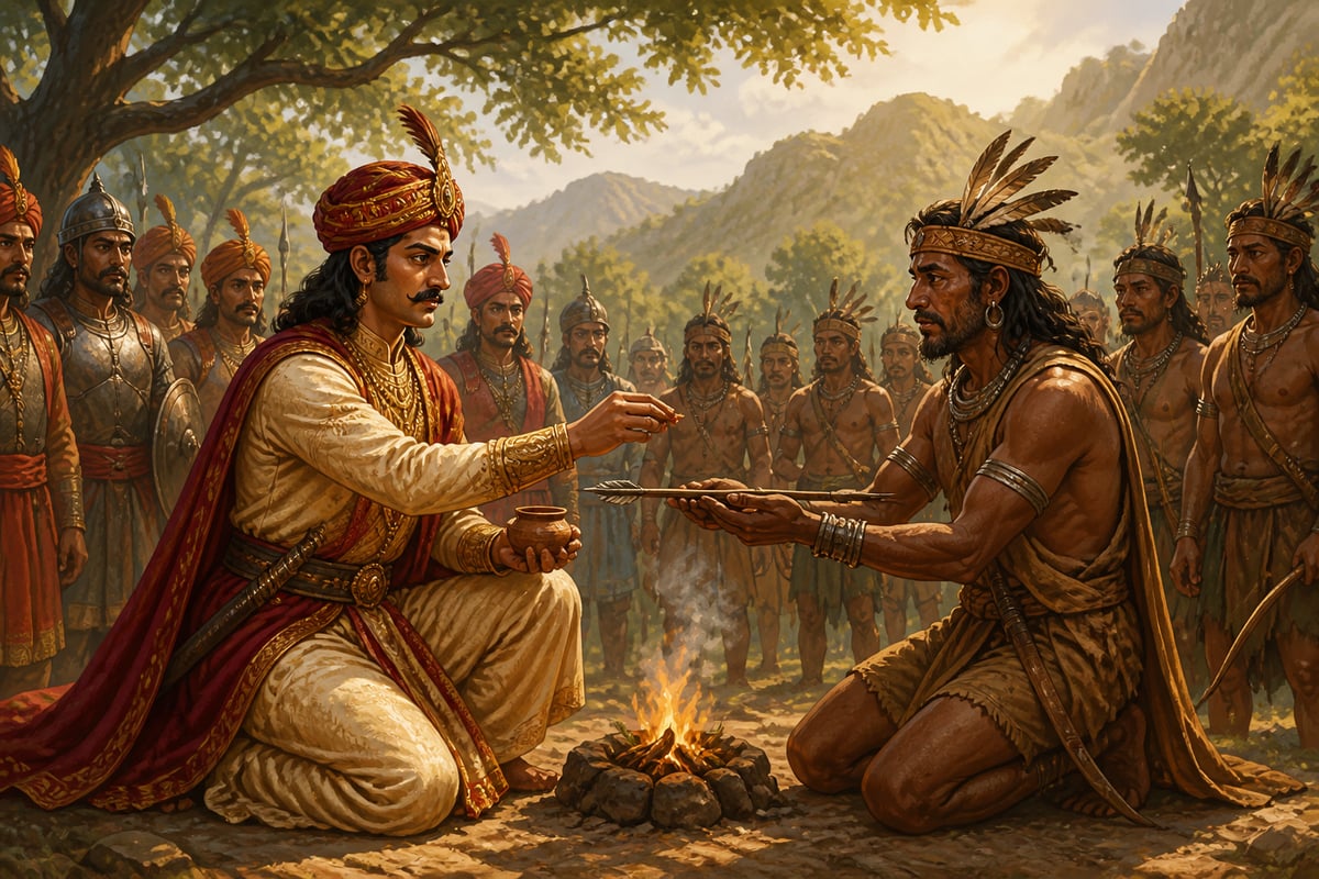 Bappa Rawal and a Bhil chieftain formalize their alliance with an arrow and tilak
