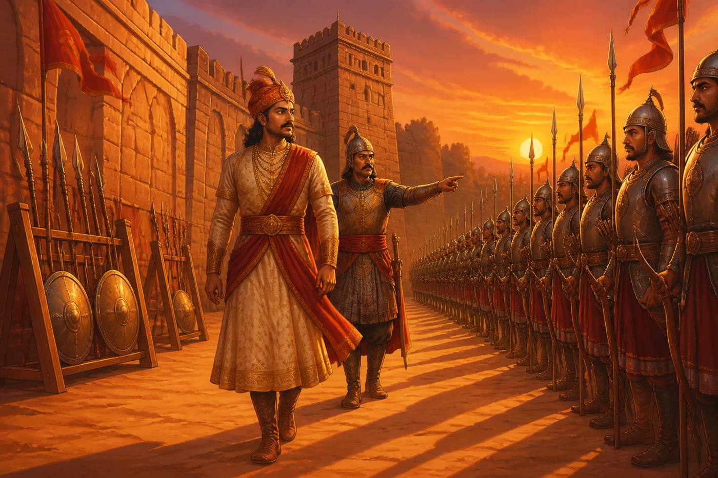 Bappa Rawal inspects the Mewar army at sunset on the Chittor parade ground