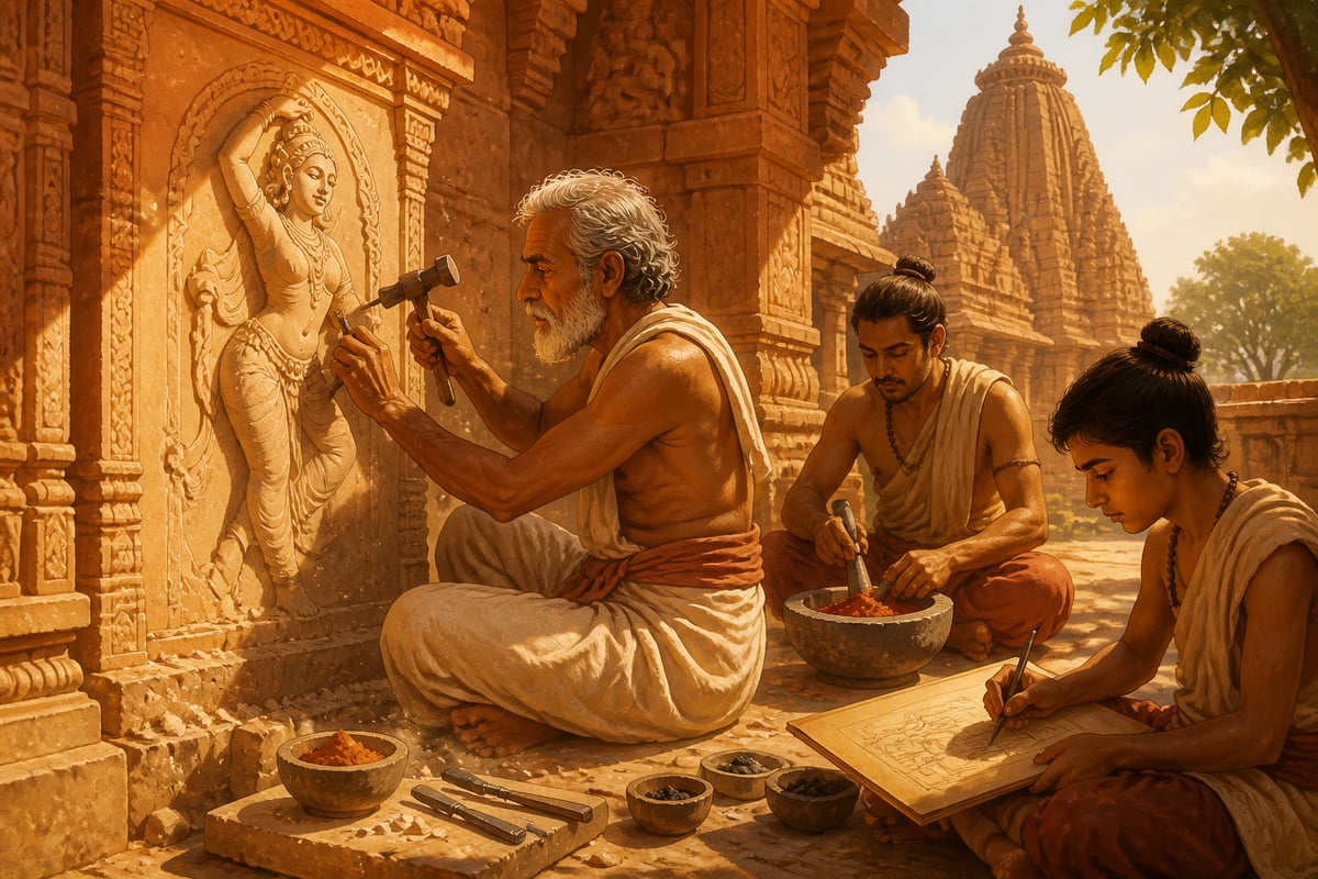 Mewar temple artisans carve an apsara relief in sandstone