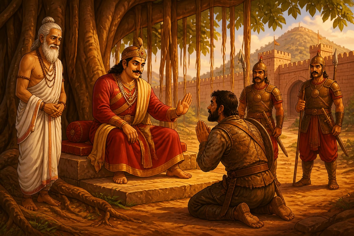 Bappa Rawal pardons a defeated soldier under the banyan outside Chittor