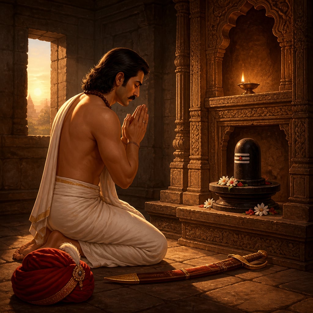 Bappa Rawal laying his sword before the Eklingji Shivlinga