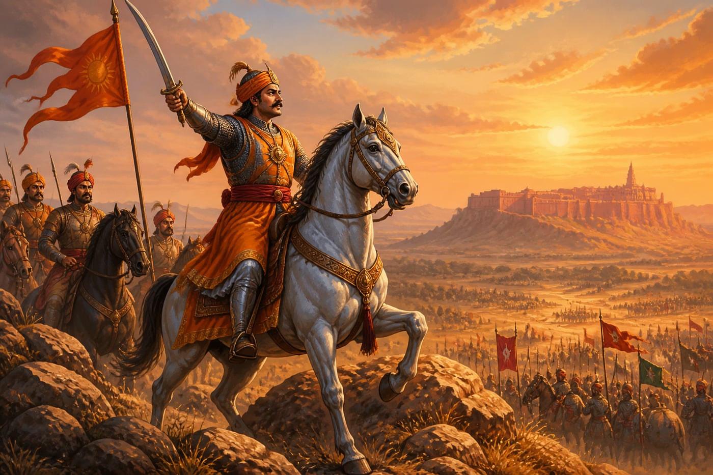 Maharana Pratap on Chetak above the Mewar plain, the red plateau of Chittor in the distance