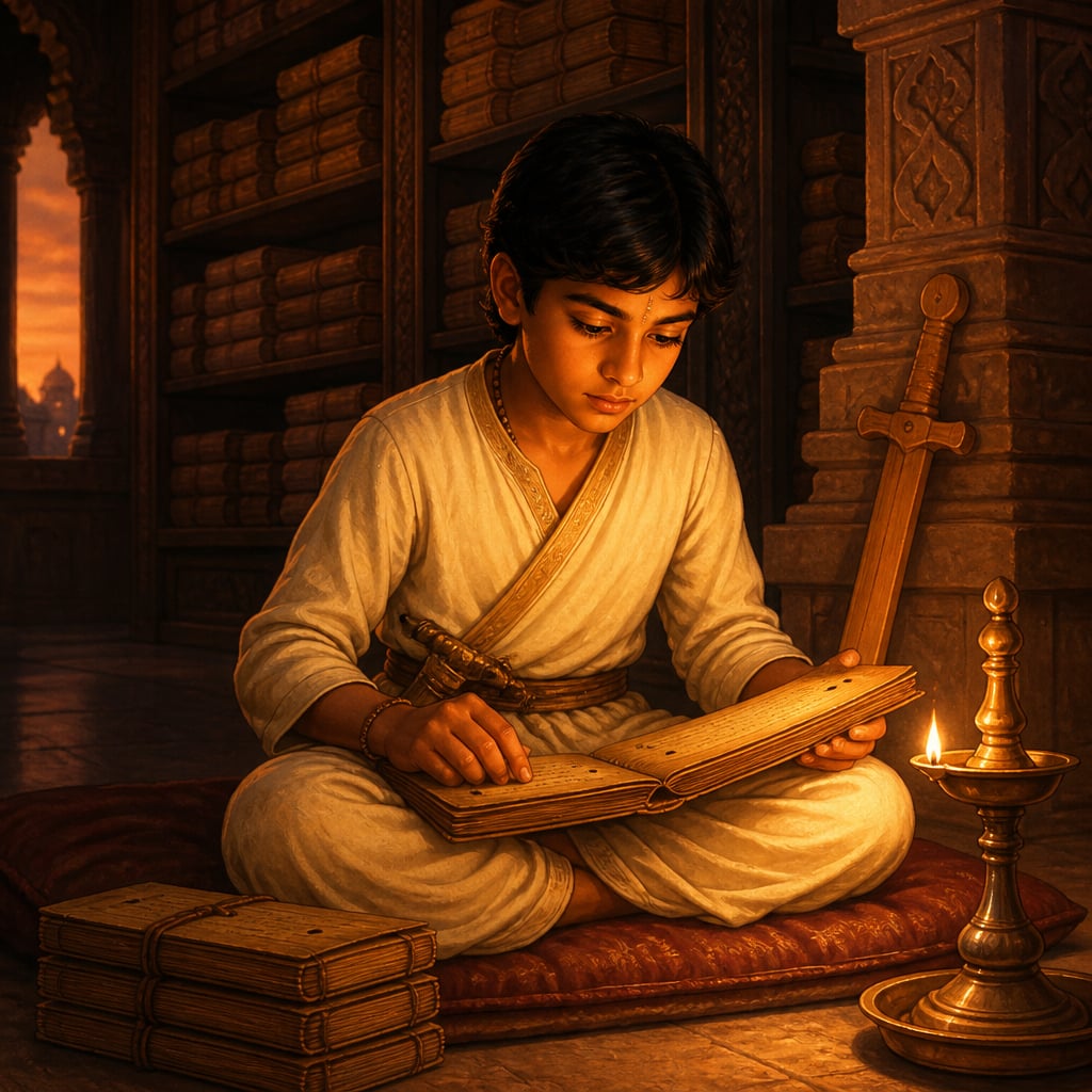 Young Bhoja absorbed in palm-leaf manuscripts in the royal library of Dhara