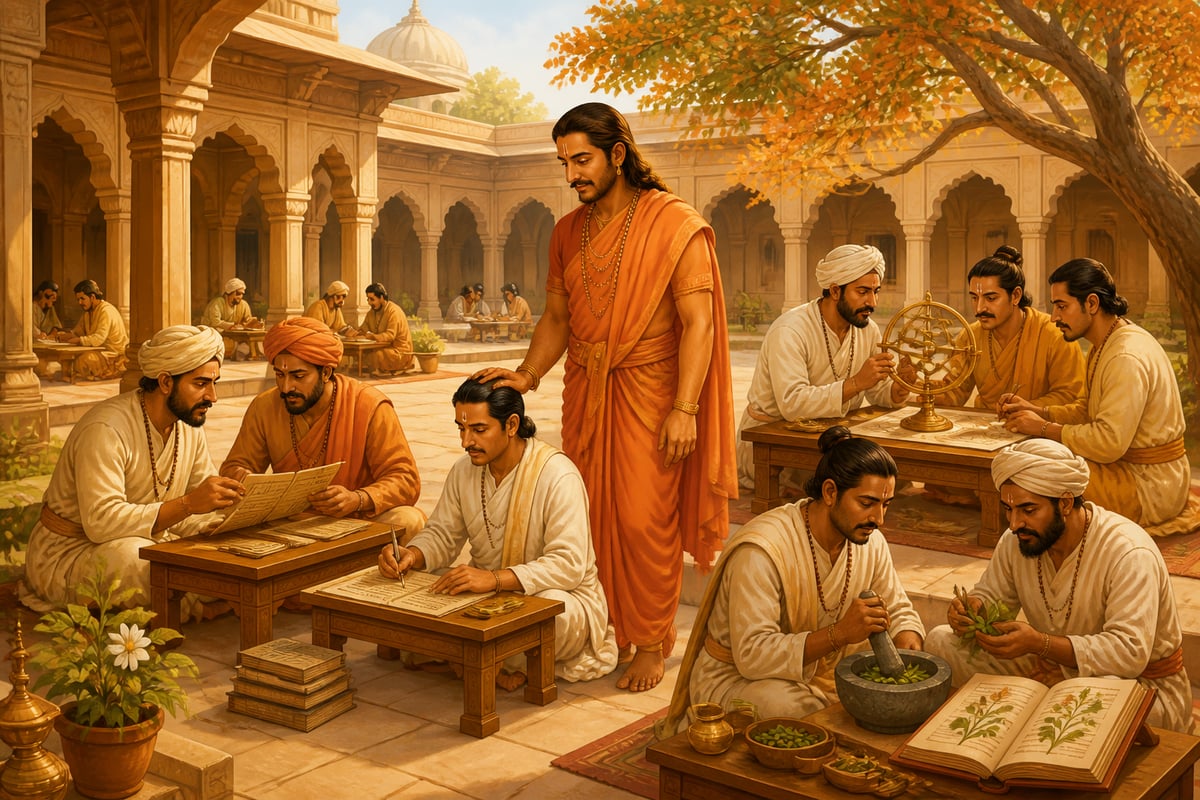 King Bhoja walking among the scholars of his Bhojshala