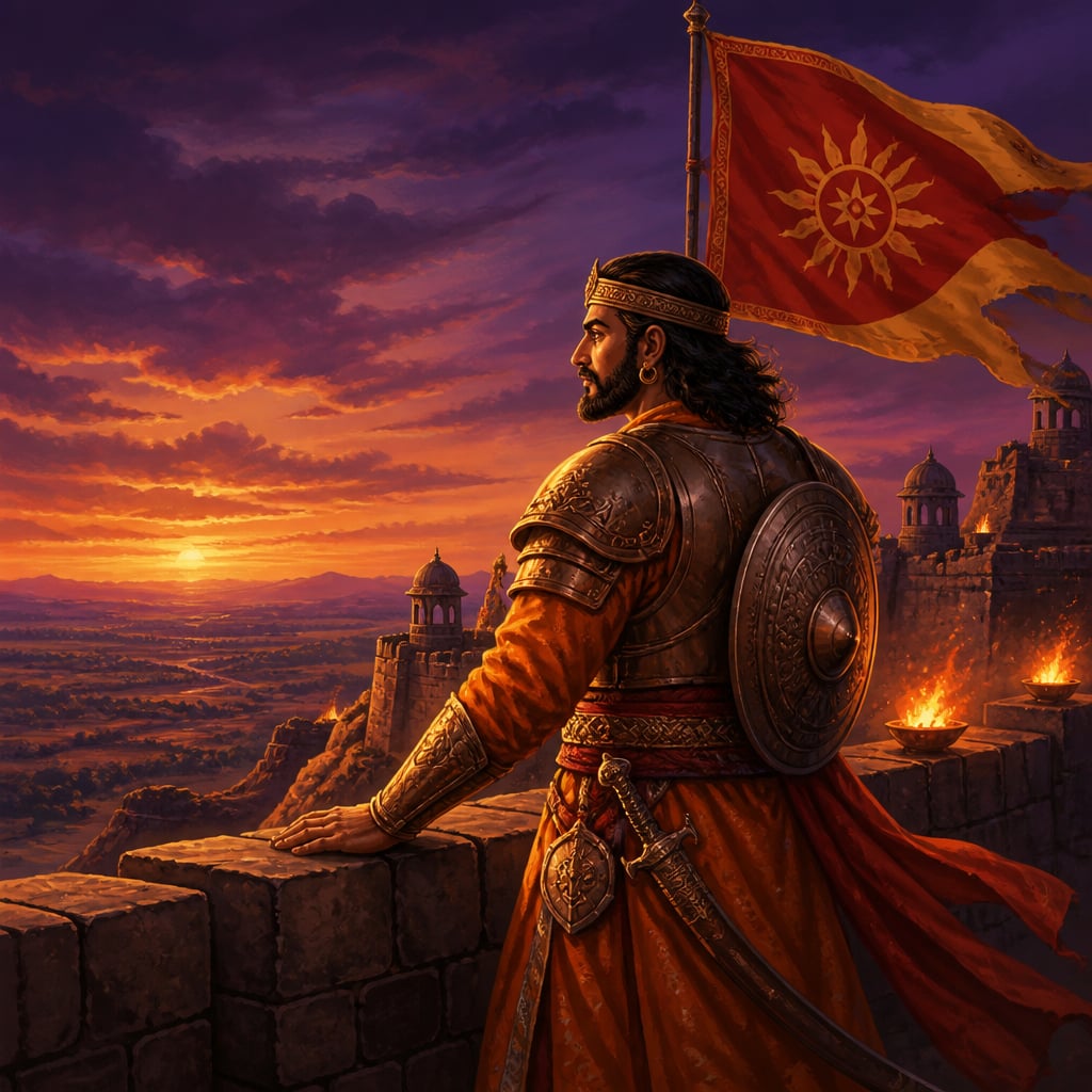 Bhoja on the rampart of a Malwa hill-fort watching the western horizon