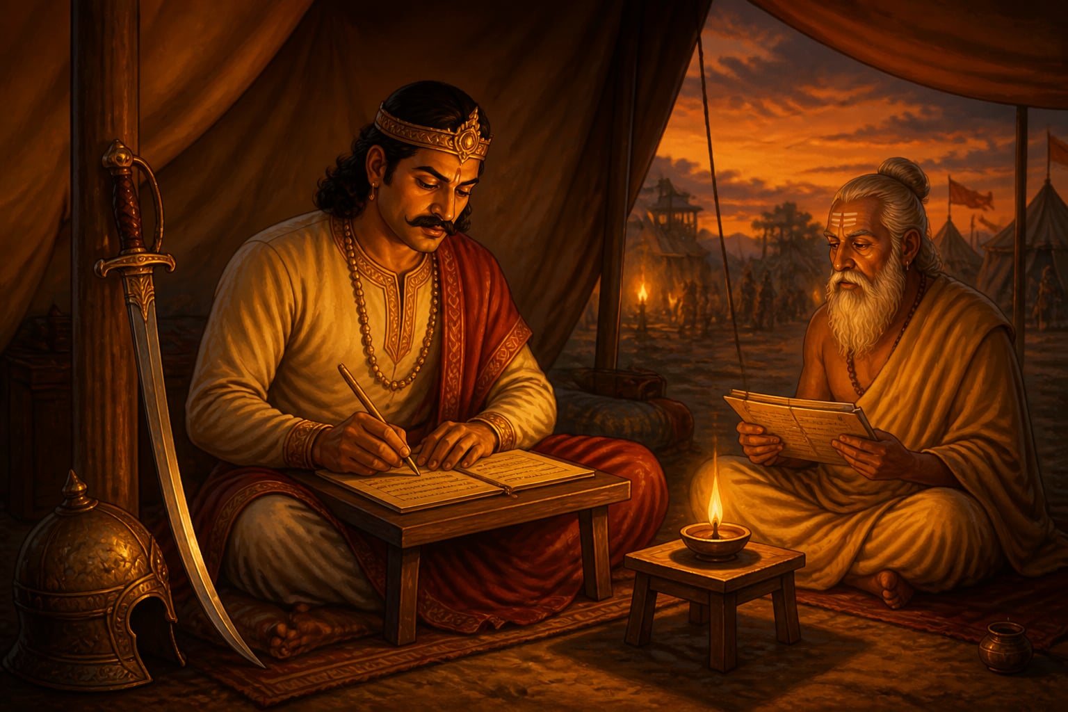 Bhoja writing in his campaign tent at twilight