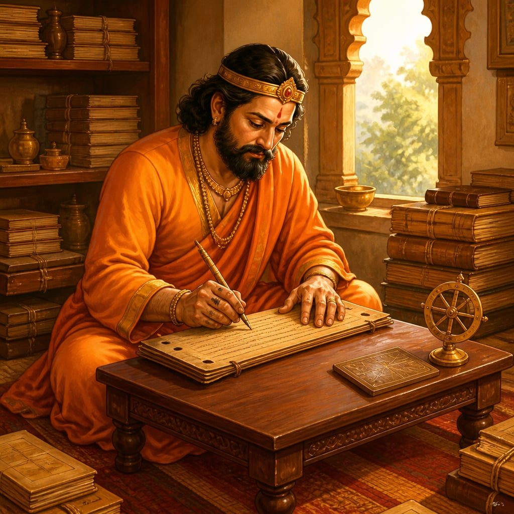 King Bhoja writing at his desk surrounded by manuscripts on every science
