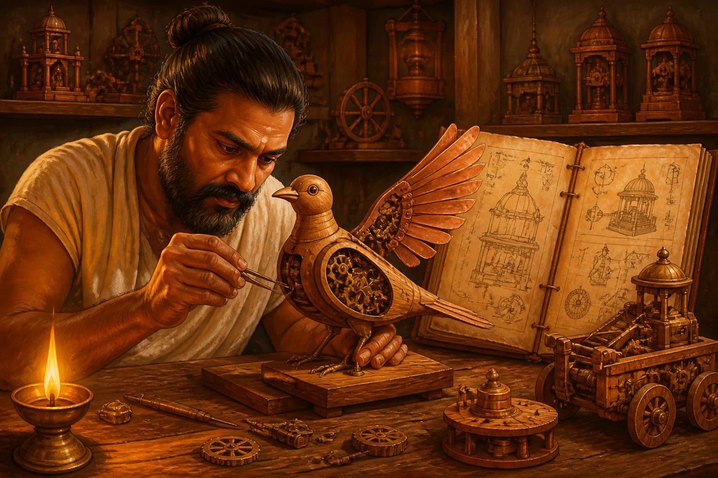 A craftsman adjusting a wooden yantra automaton from the Samarangana Sutradhara