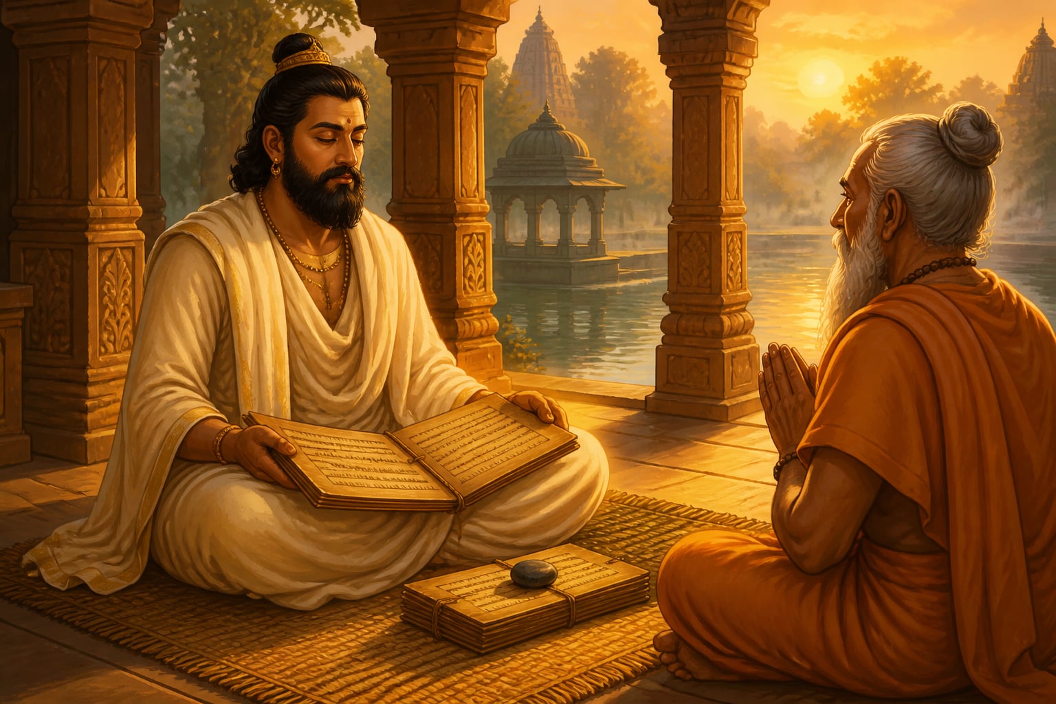 Bhoja contemplating the Yoga Sutras at dawn with his Raja Martanda commentary