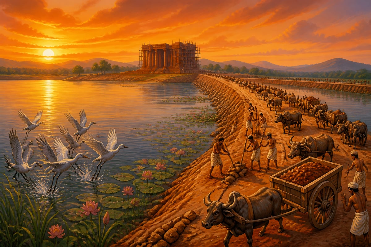 Workers and bullock carts completing the great earthen dam of Bhoj Tal at sunset