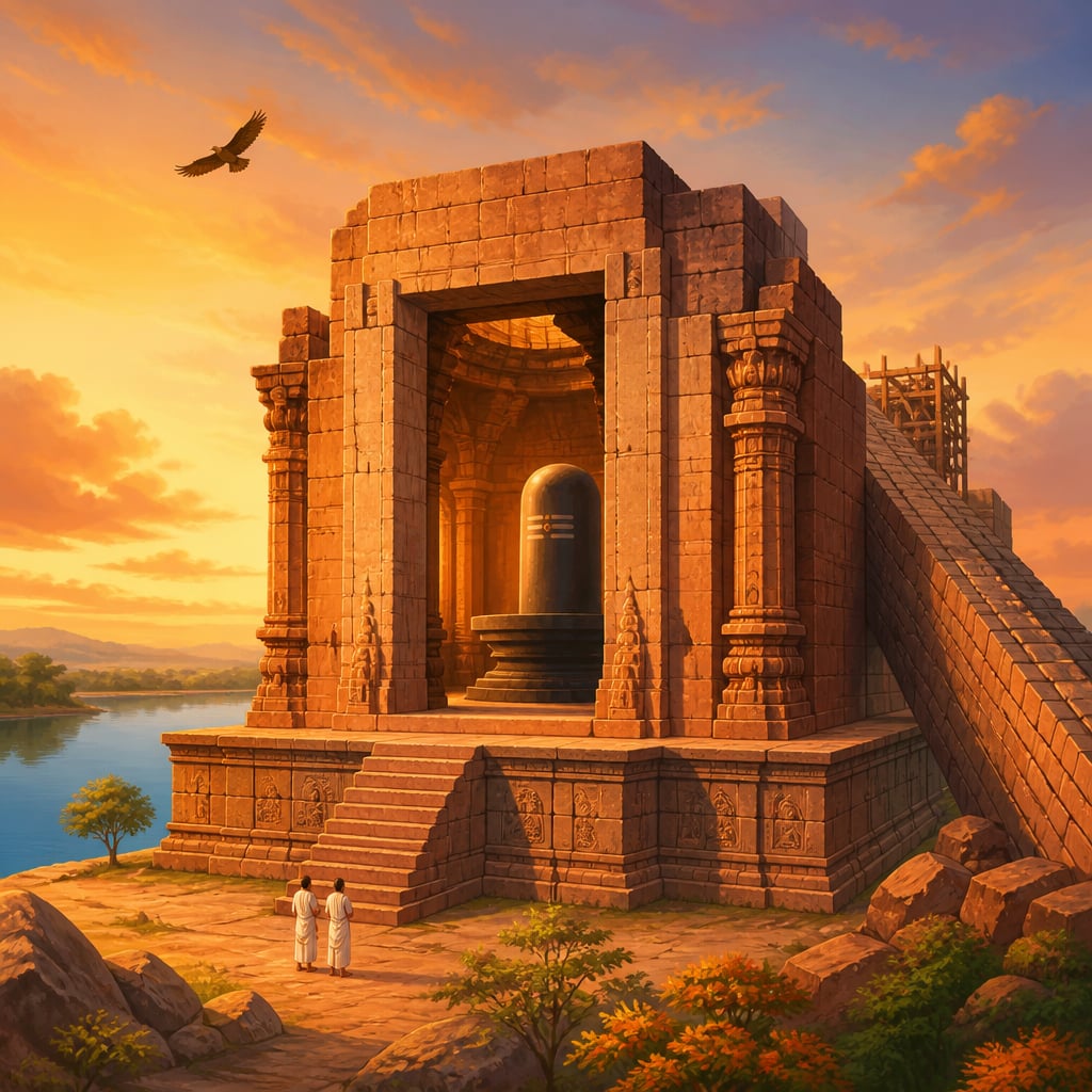 The massive Bhojeshwar Temple at Bhojpur rising over its lake at golden hour