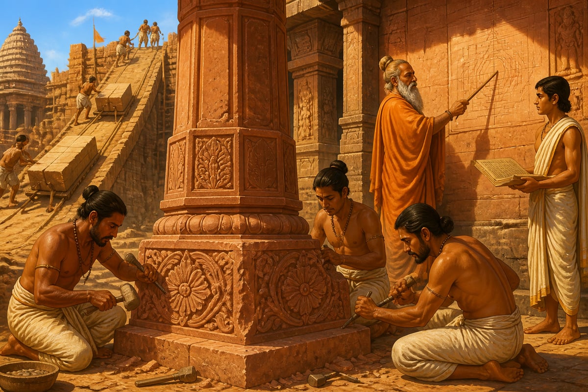 Craftsmen carving the Bhojeshwar Temple pillars with the architect's plan on the wall