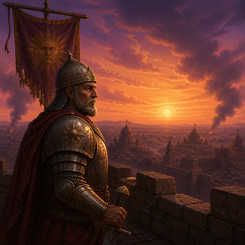 Aged Bhoja on the rampart of Dhara at dawn as smoke rises east and west