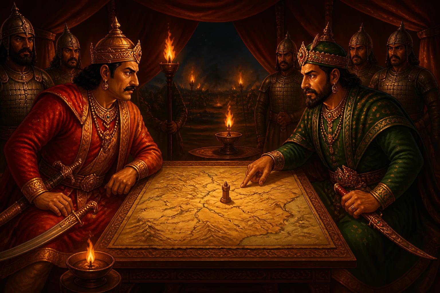 Bhima I of Gujarat and Lakshmi-Karna of Tripuri planning the coalition against Bhoja