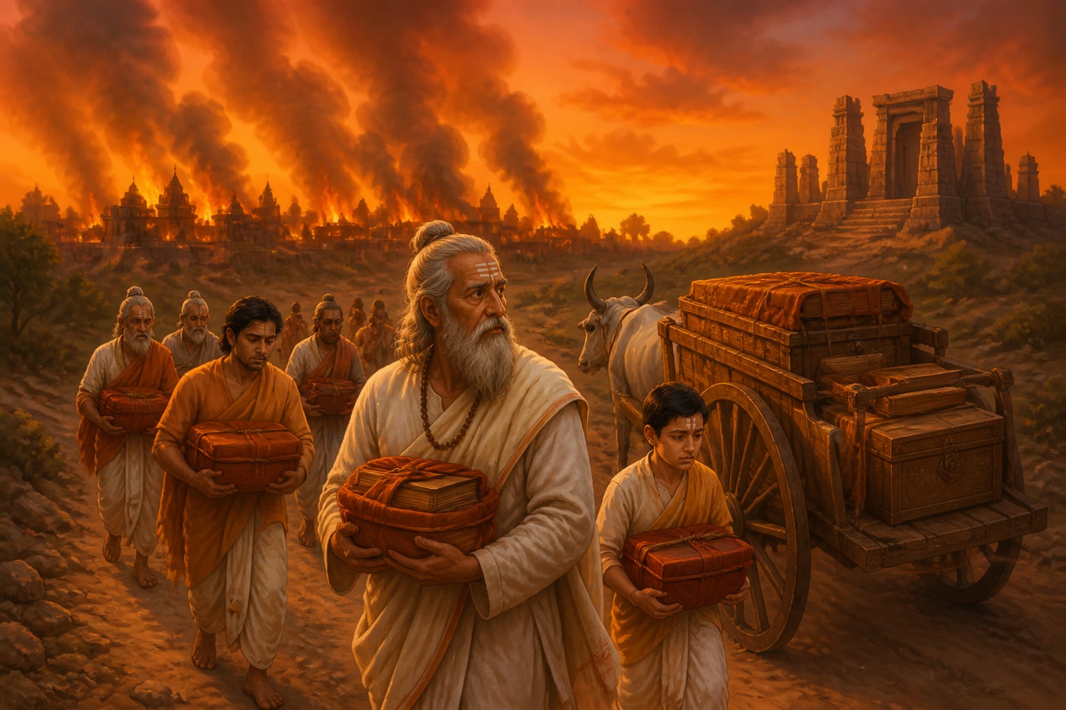 Scholars of the Bhojshala fleeing Dhara at dusk carrying their manuscripts