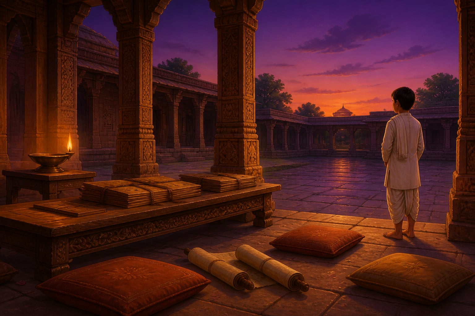 An empty Bhojshala teaching courtyard at twilight after Bhoja's time