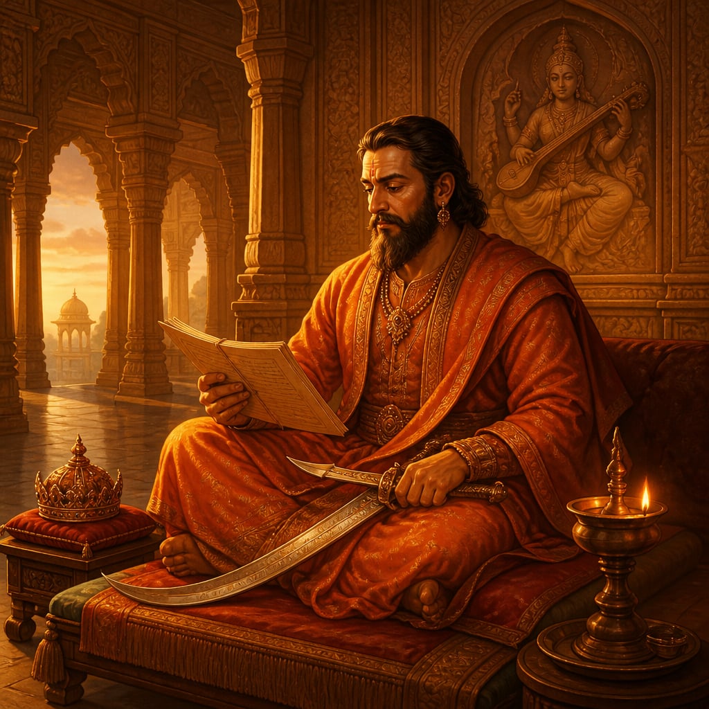 Bhoja seated in the great hall of Dhara with sword on his knees and manuscript in hand