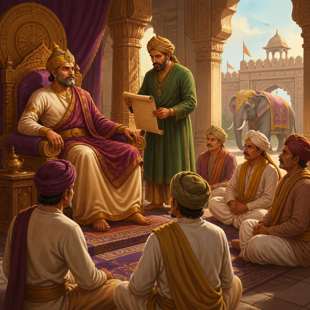 Raja Dahir holding administrative council in his Alor palace