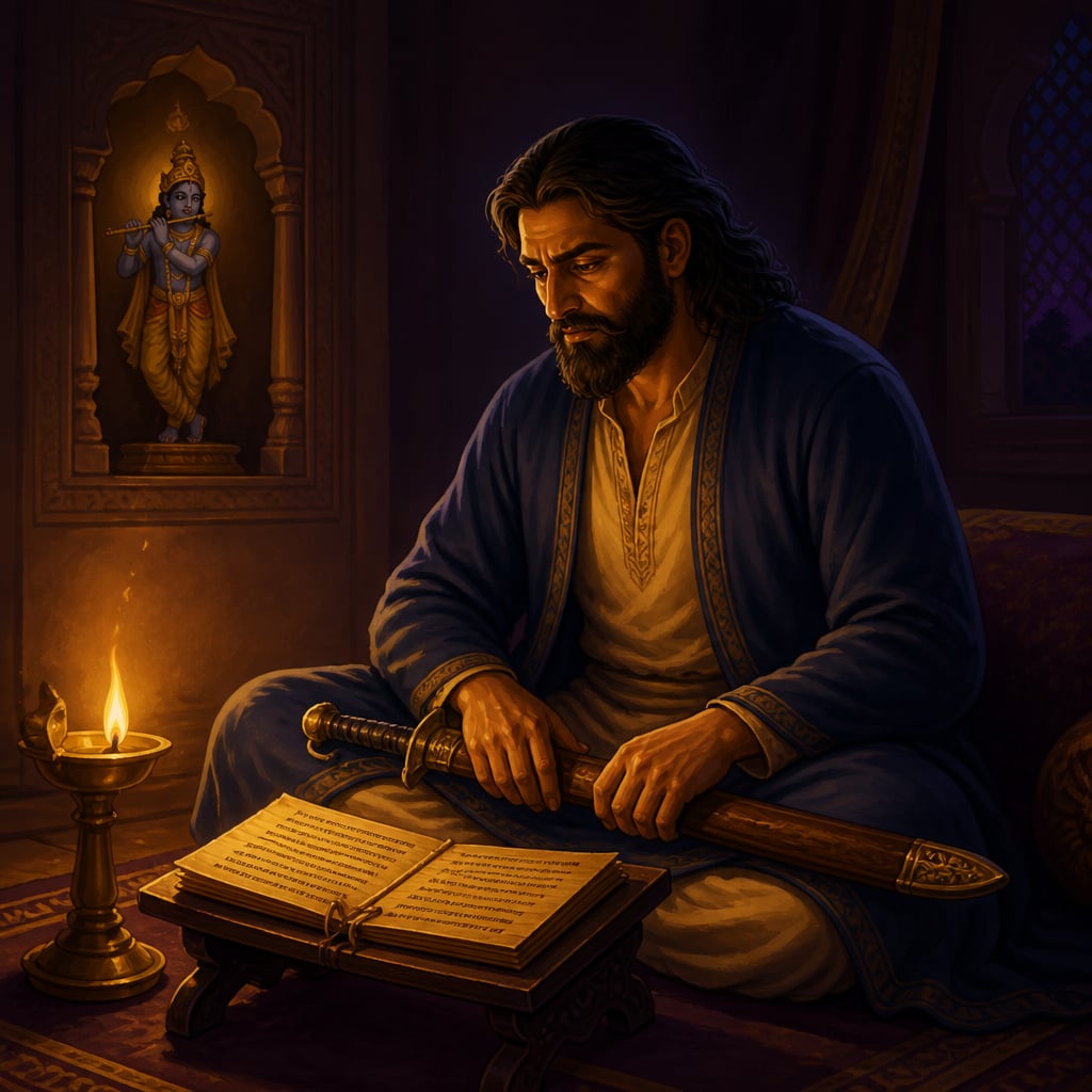 Raja Dahir alone at night with the Gita on the eve of decision