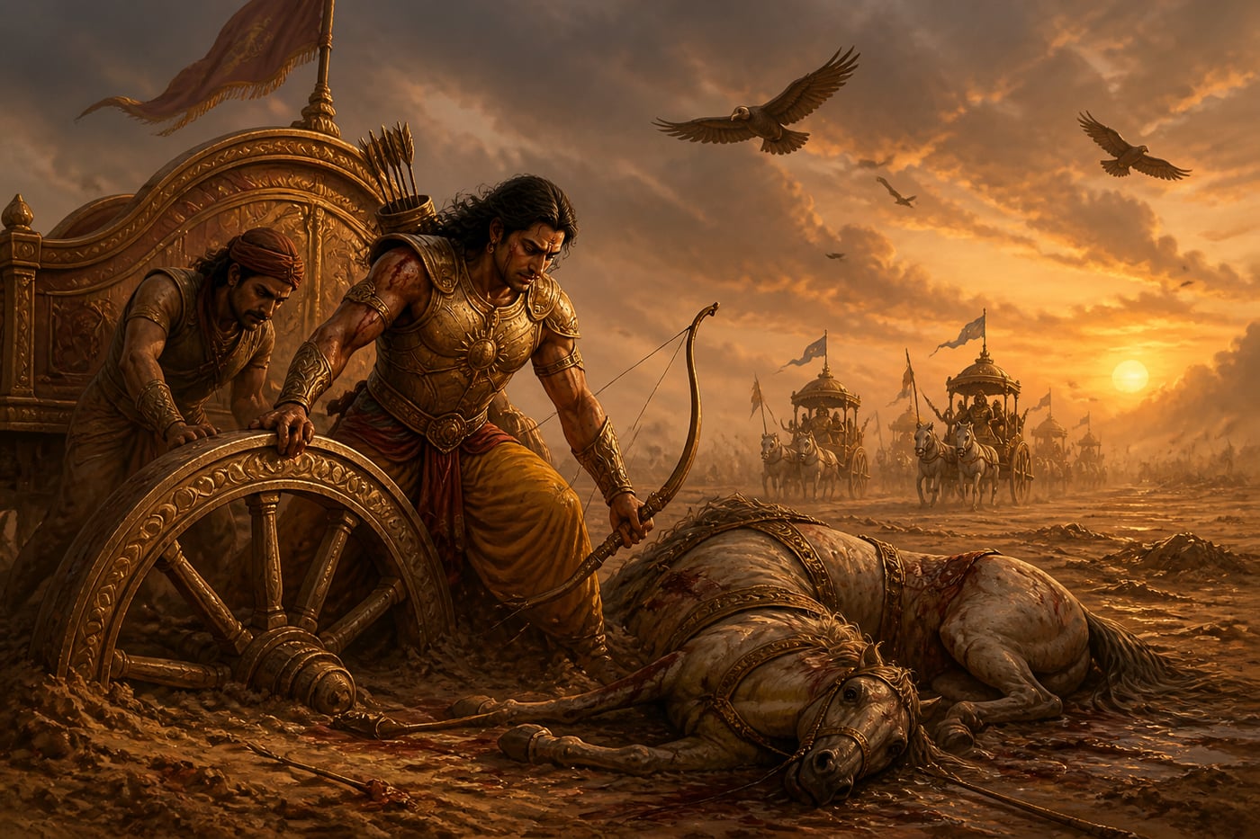 Karna beside his sunken chariot at Kurukshetra