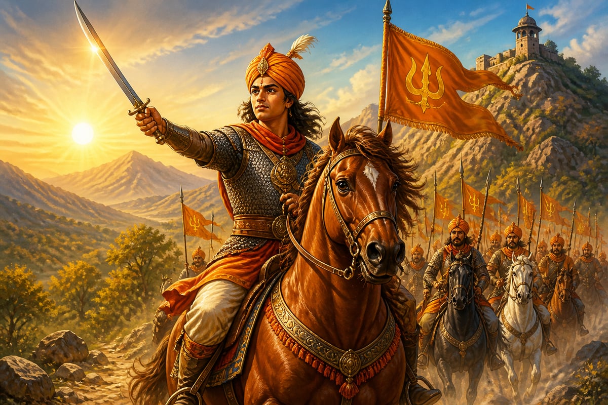 Bappa Rawal leading Mewar cavalry through the Aravalli hills