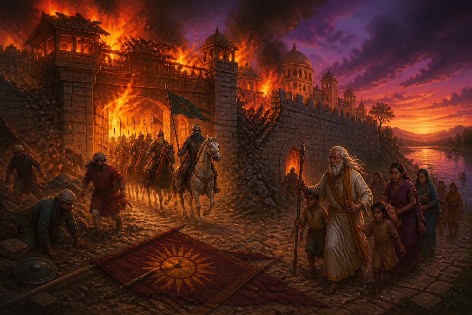 Brahmanabad burning at twilight after the siege