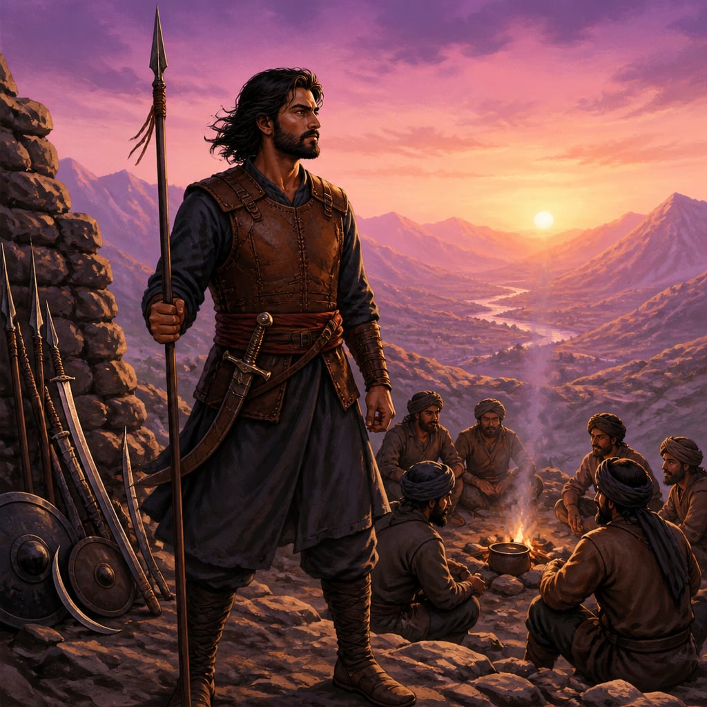 Jaisiah on a mountain parapet leading guerrilla resistance at sunrise