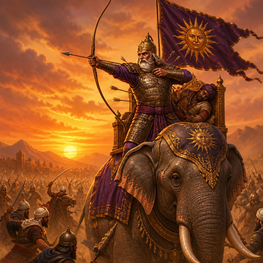 Aging Raja Dahir on his war elephant at the Battle of Aror