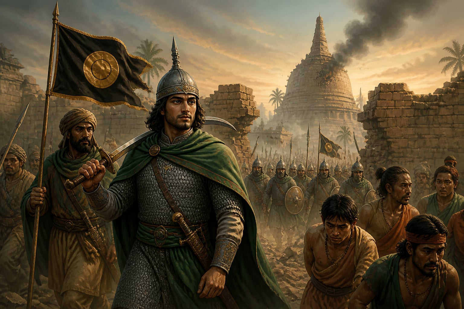 Muhammad bin Qasim entering the fallen port of Debal