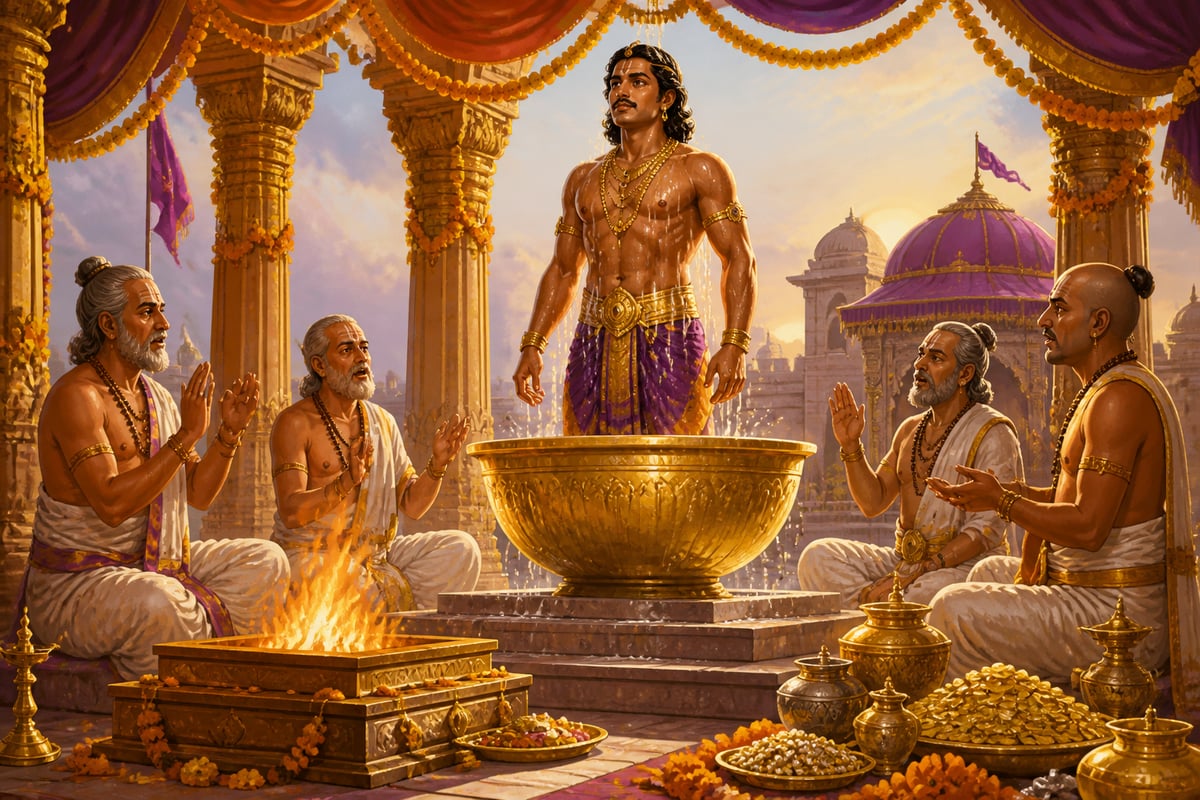 Dantidurga emerging from the Hiranyagarbha golden vessel